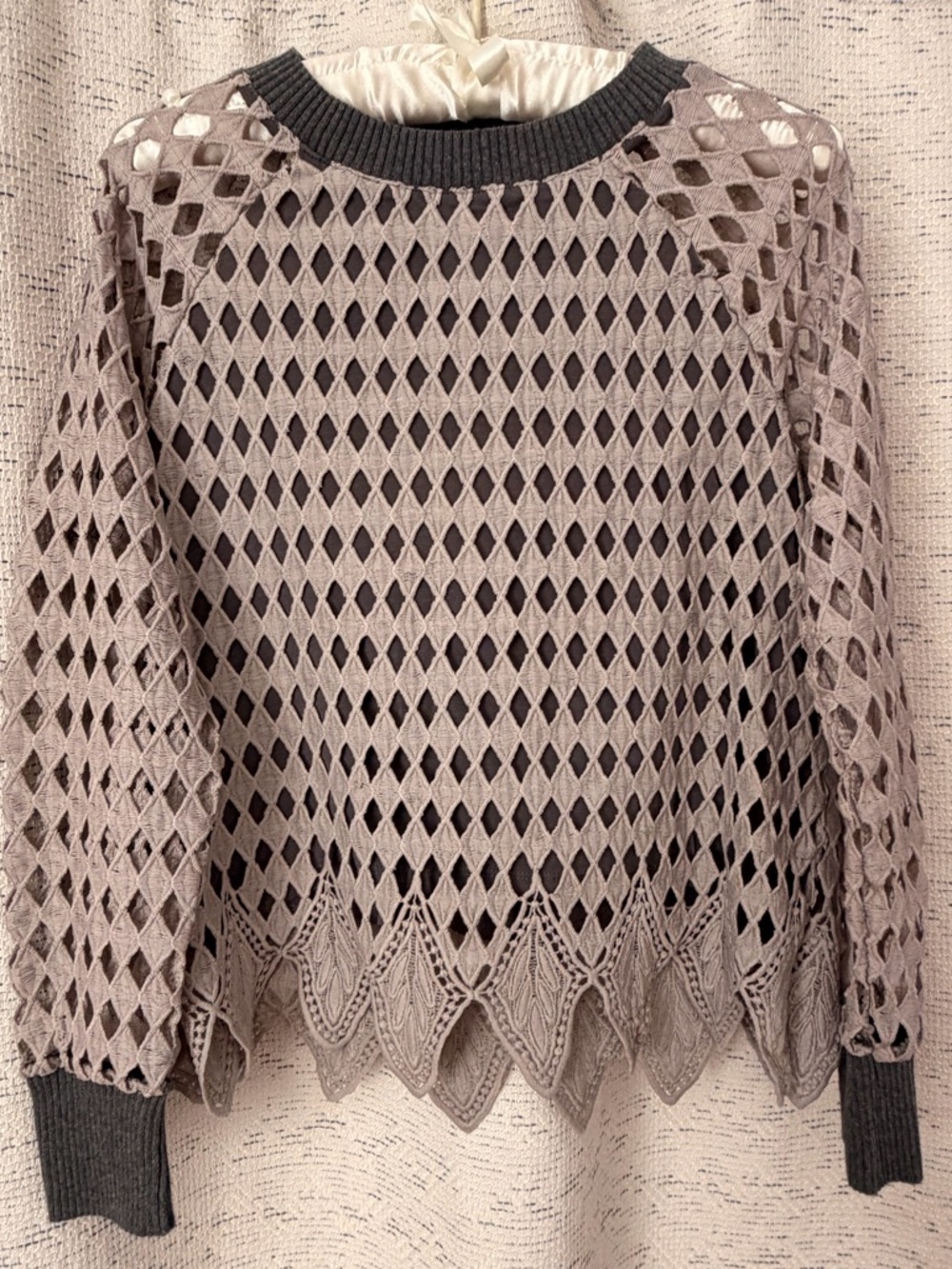 Zara Open-Knit Scoop-Neck Sweater in Gray with Charcoal Trim - Picture 1 of 4